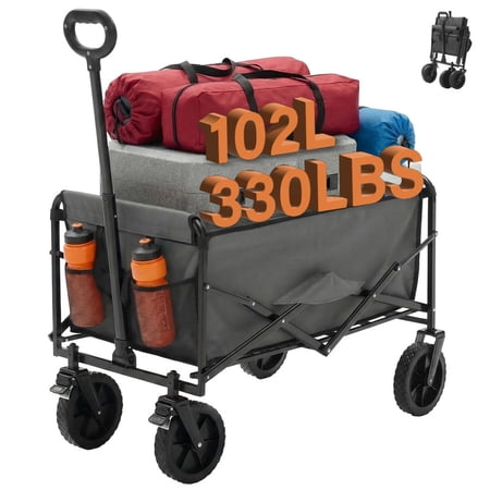 Simenmax Collapsible Utility Wagon, 330 lbs Capacity Heavy Duty Pull Cart with Lockable Wheels, Adjustable Handle for Beach, Camping, Grocery & Garden, Gray