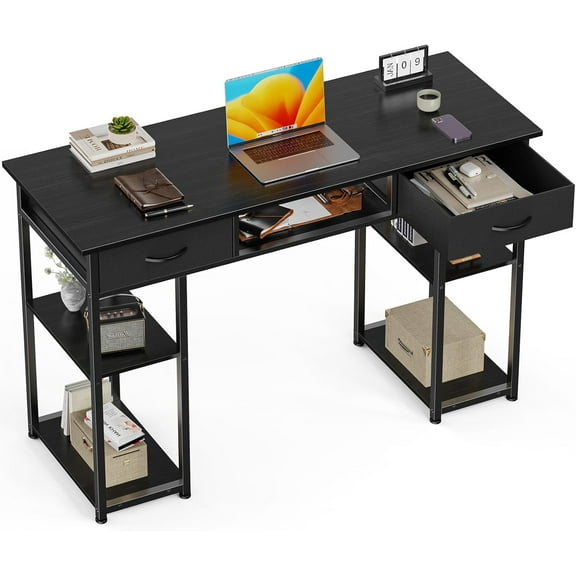 Simenmax Computer Desk with 2 Drawers, 48 Inch Office Desk Study Table, Fabric Drawers Storage Shelves,Black