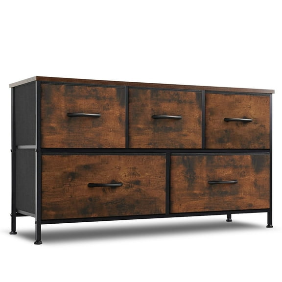 Simenmax 5 Dresser for Bedroom, 5 Storage Drawers, Wide Fabric Closet Chests Organizer Tower Furniture with Wooden Top Metal Frame for Clothes, Room, Living Room, Hallway, Entryway, Brown