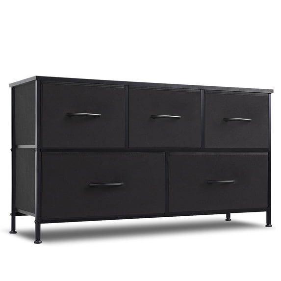 Simenmax 5 Dresser for Bedroom, 5 Storage Drawers, Wide Fabric Closet Chests Organizer Tower Furniture with Wooden Top Metal Frame for Clothes, Room, Living Room, Hallway, Entryway, Black
