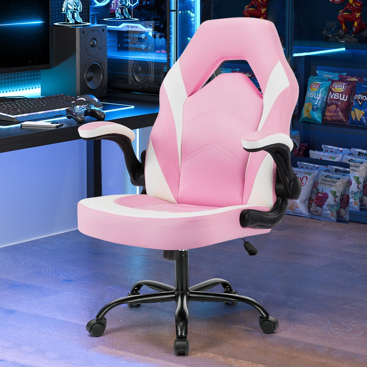 Simenmax Gaming Chair, Pink Office Computer Chair with Flip-Up Armrests & Rocking Mode, Ergonomic Desk Chair for Adults, Racing Style PU Leather High Back Chair