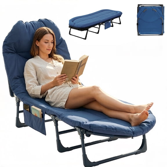 Simenmax Folding Camping Cot with Headrest and Mattress, Portable Sleeping Bed Cot, Heavy Duty Cot Bed for Camping, Office, Travel,Blue