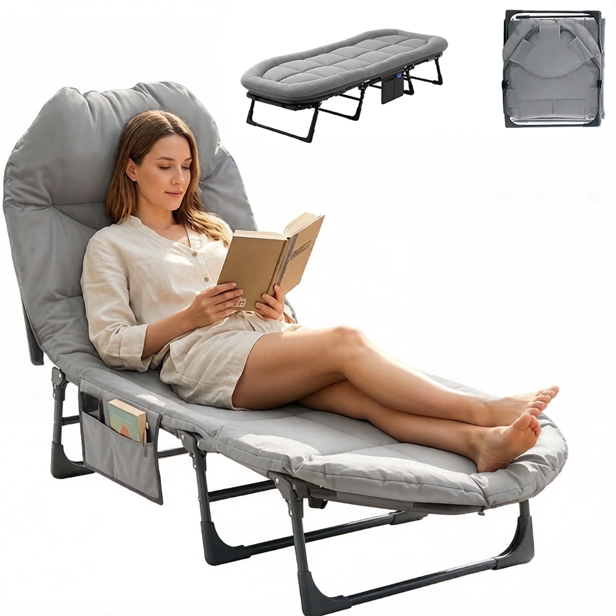 Simenmax Folding Camping Cot with Headrest and Mattress, Portable Sleeping Bed Cot, Heavy Duty Cot Bed for Camping, Office, Travel,Gray