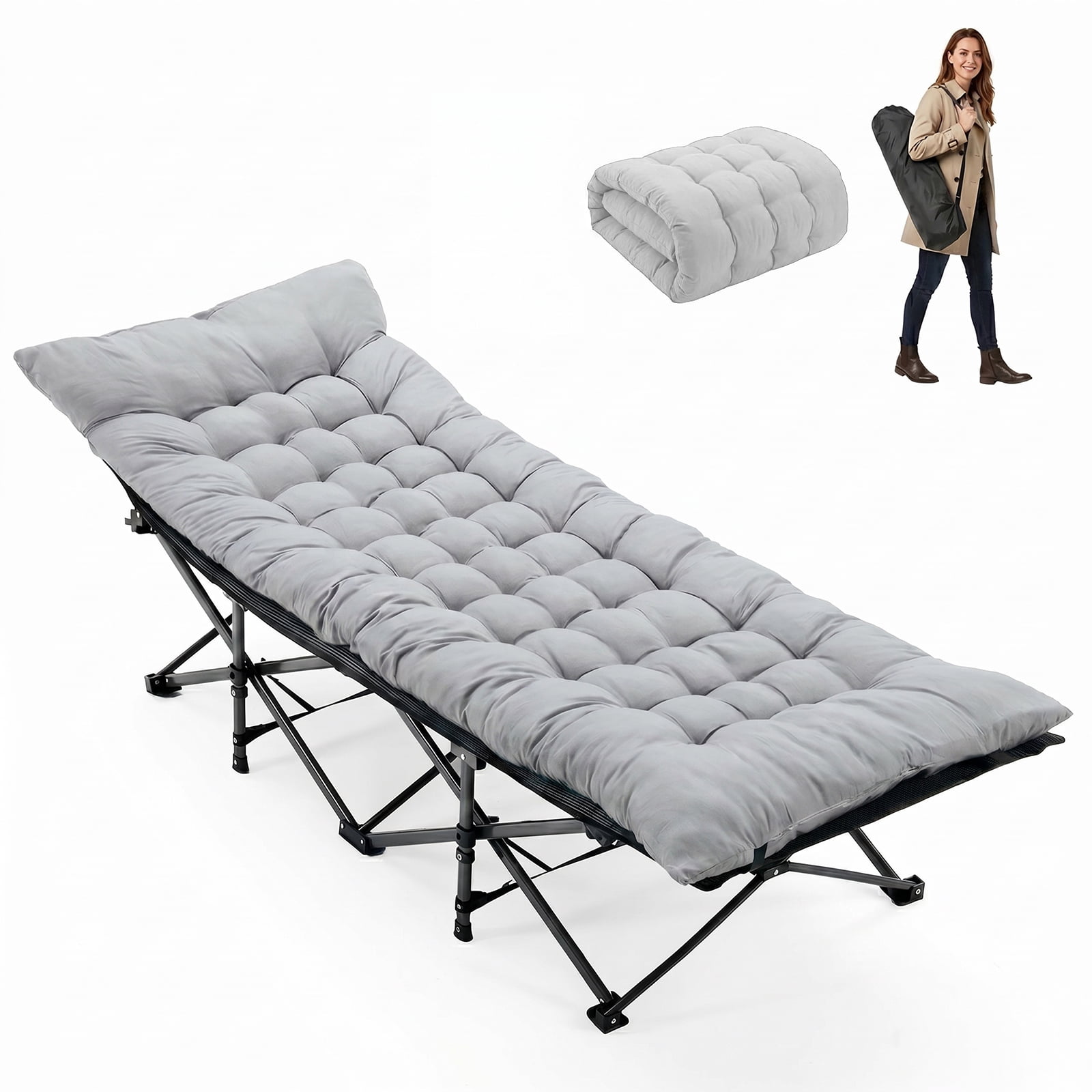 Simenmax Folding Camping Cot with Mattress, Heavy Duty Portable Bed for Adults, Quick Setup Travel Cot for Guest or Outdoor Use, Gray
