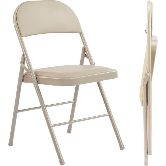 Bigleap Folding Chairs 2 Pack, PU Leather Padded Foldable Chairs with Metal Frame for Indoor Outdoor Use, Office, Party, Wedding, Khaki
