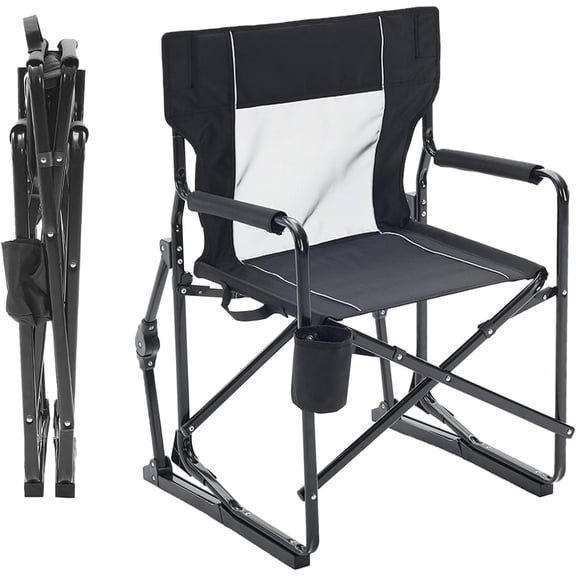 Simenmax Folding Rocking Camping Chair, Metal Frame Outdoor Chair with Waterproof Armrests & Cup Holder for Patio, Beach, Yard,Black