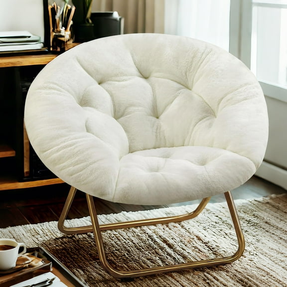 Simenmax Folding Saucer Chair,Portable Folding Soft Moon Chair for Bedroom, Dorm Rooms, Apartments, Lounging, Garden, White