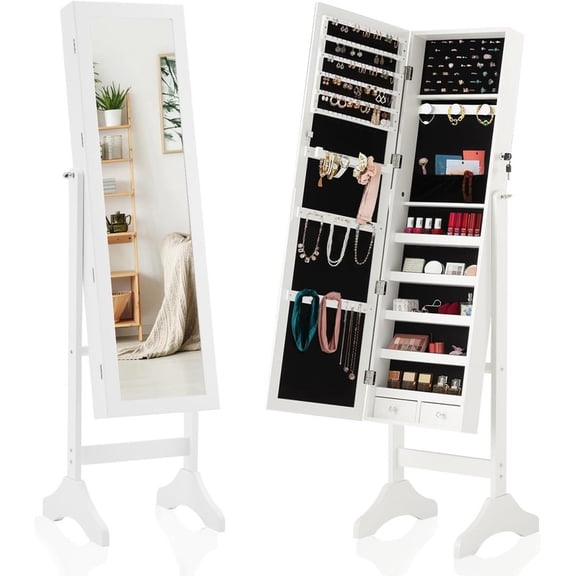 Simenmax Freestanding Jewelry Armoire with Full-Length Mirror, Lockable Storage Cabinet, 60-inch Tall Makeup Organizer with Velvet Lining,White