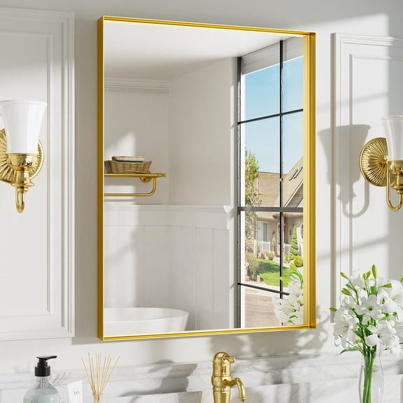 Simenmax Gold Bathroom Mirror – 40"x24" Rectangular Wall Mounted Vanity Mirror, Anti-Rust Aluminum Frame, Tempered Glass, Horizontal or Vertical Hanging