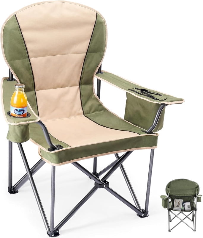 Simenmax Heavy Duty Camping Chair, Oversized Portable Folding Chair with Cooler Bag and Cup Holder, Outdoor Lawn Chair for Hiking Beach Sports,Green