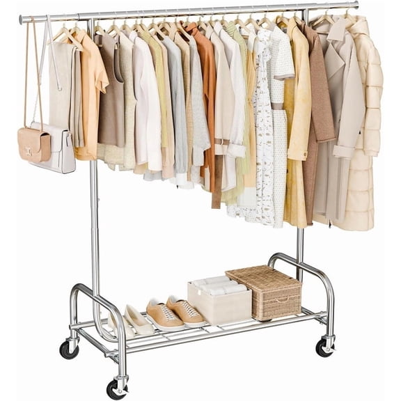 Simenmax Heavy Duty Clothes Rack, 450LBS Capacity Rolling Garment Rack with Mesh Storage Shelf and Lockable Wheels, Adjustable Width & Height, Silver