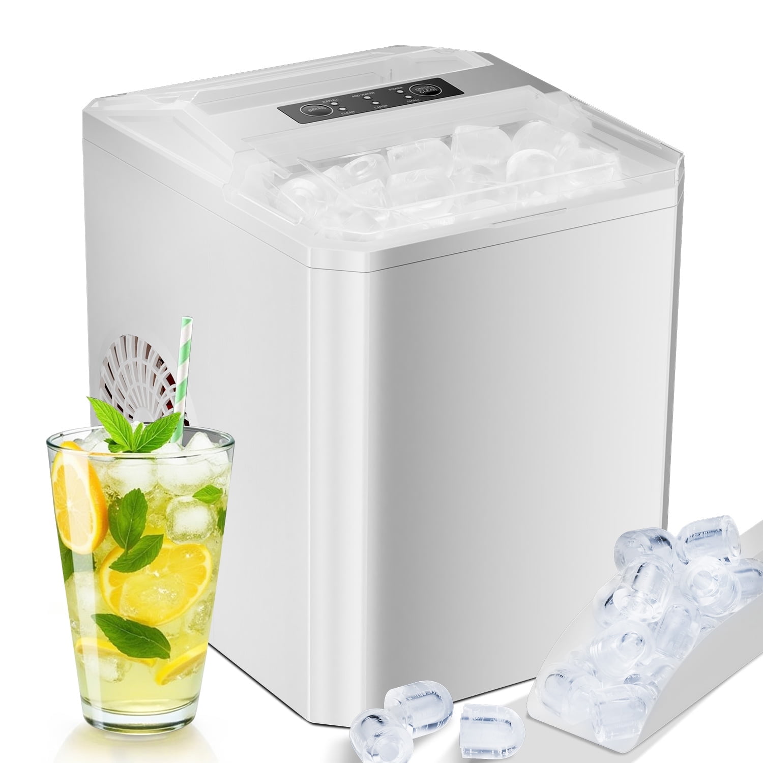 Simenmax Ice Maker, Portable Countertop Icemaker Machine, Self Cleaning Quiet 2 Sizes Bullet Cubes Makers, 9 Cubes in 6 Mins,White