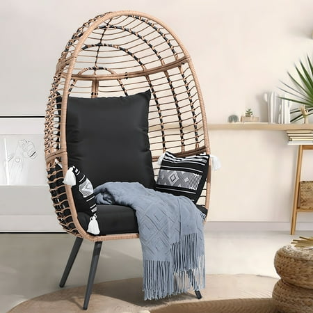 Simenmax Wicker Egg Chair, Outdoor Indoor Oversized Lounger Large Egg Basket Chair with Stand and Cushions for Patio Porch, Backyard, Living Room, Balcony,Black