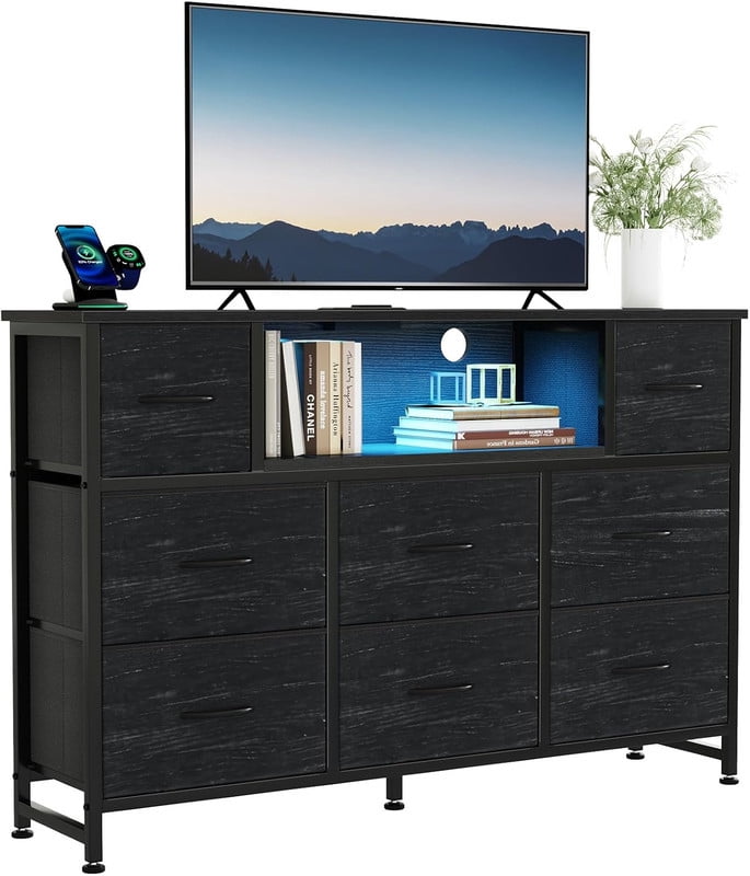 Simenmax LED TV Stand for 45-55 Inch TV, Entertainment Center with 8 Fabric Drawers & Open Shelves, Charging Station with 2 USB & 2 AC Outlets, Black Wood