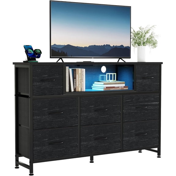 Simenmax LED TV Stand for 45-55 Inch TV, Entertainment Center with 8 Fabric Drawers & Open Shelves, Charging Station with 2 USB & 2 AC Outlets, Black Wood