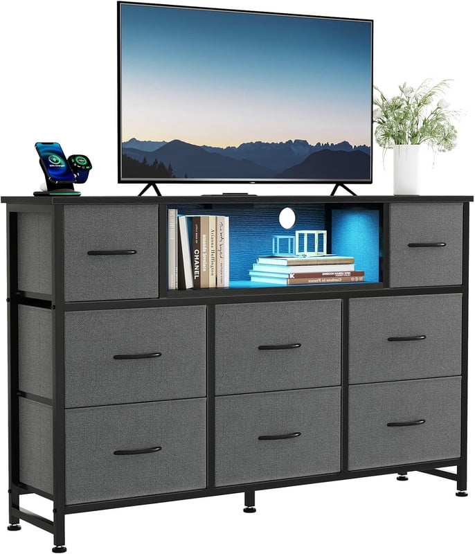 Simenmax LED TV Stand for 45-55 Inch TV, Entertainment Center with 8 Fabric Drawers & Open Shelves, Charging Station with 2 USB & 2 AC Outlets, Gray