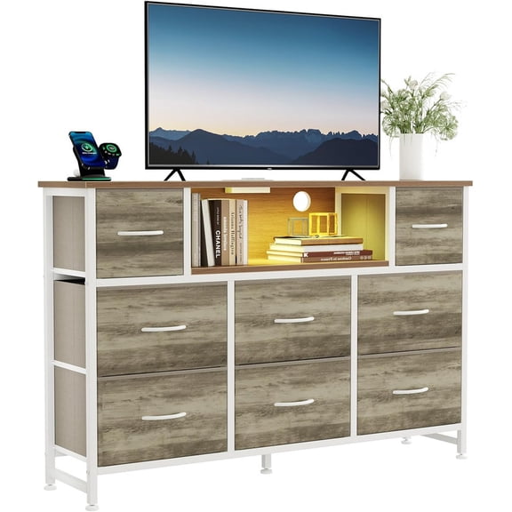 Simenmax LED TV Stand for 45-55 Inch TV, Entertainment Center with 8 Fabric Drawers & Open Shelves, Charging Station with 2 USB & 2 AC Outlets, OAK