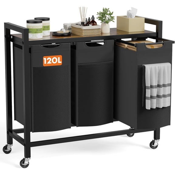 Simenmax Laundry Hamper, 120L Large Double Laundry Basket, Freestanding Laundry Sorter Organizer 3 Section with Top Shelf & 3 Removable Washable Bags for Dorm