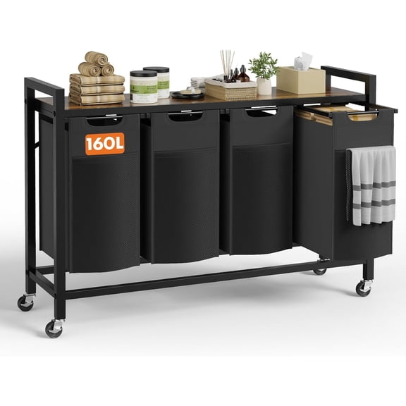 Simenmax Laundry Hamper, 160L Large Double Laundry Basket, Freestanding Laundry Sorter Organizer 4 Section with Top Shelf & 4 Removable Washable Bags for Dorm