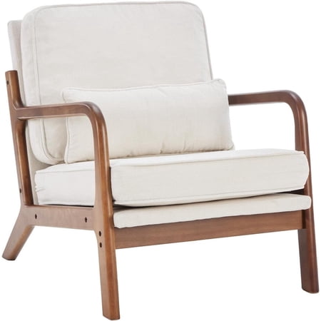Simenmax Mid Century Modern Accent Chair, Lounge Chair with Cushion, Solid Wood Chair with Arms, Reading Chair for Living Room, Bedroom,Beige