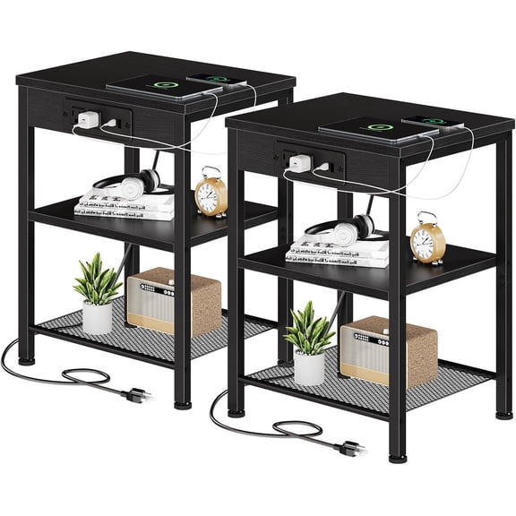Simenmax Nightstand Set of 2 with Charging Station, USB Ports & Outlets, Adjustable Shelf End Table for Living Room, Bedroom, Black