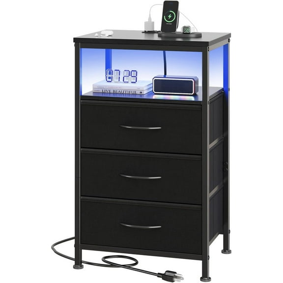 Simenmax Nightstand with Charging Station & LED Lights, 3 Drawer Bedside Table with Variable Light Strip, Modern Industrial Bedroom Furniture, Black