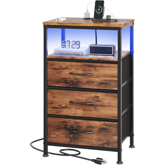 Simenmax Nightstand with Charging Station & LED Lights, 3 Drawer Bedside Table with Variable Light Strip, Modern Industrial Bedroom Furniture, Brown