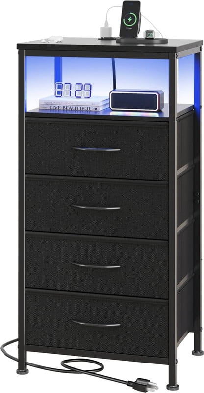 Simenmax Nightstand with Charging Station & LED Lights, 4 Drawer Bedside Table with Variable Light Strip, Modern Industrial Bedroom Furniture, Black