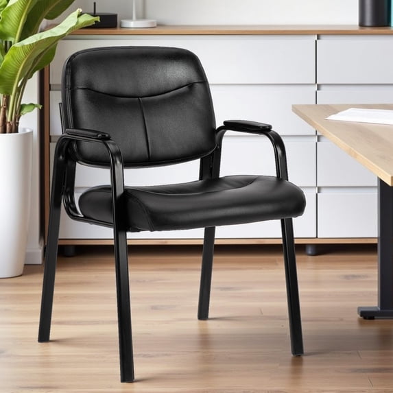 Simenmax Office Guest Reception Chair for Waiting Conference Room Lobby with Lumbar Support and Padded Arms,No Wheels,PU Leather, Black
