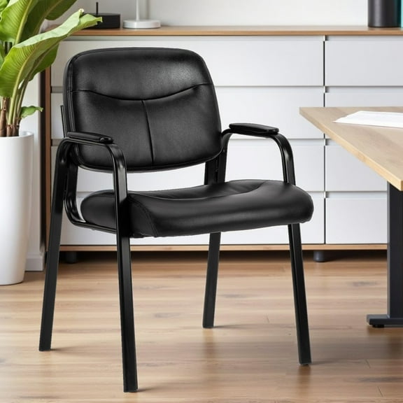 Simenmax Office Guest Reception Chair for Waiting Conference Room Lobby with Lumbar Support and Padded Arms,No Wheels,PU Leather, Black