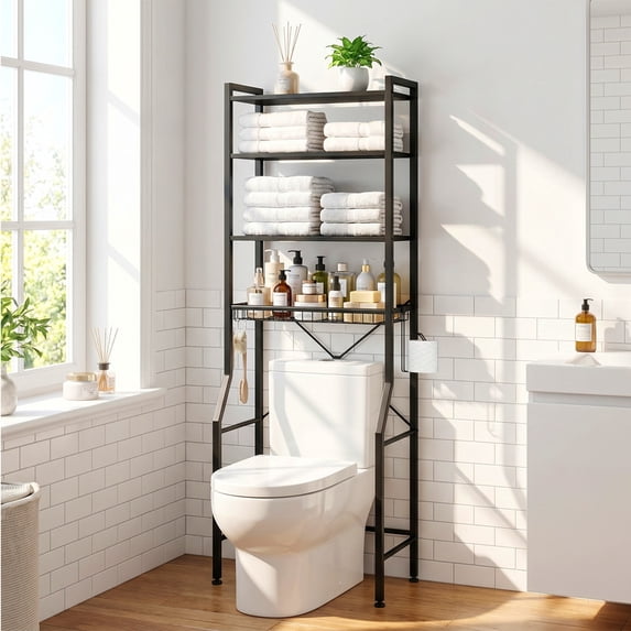 Simenmax Over-The-Toilet Storage Rack, 4-Tier Bathroom Organizer with Adjustable Shelves, Space-Saver Shelf Unit with Paper Holder & Hooks,Black