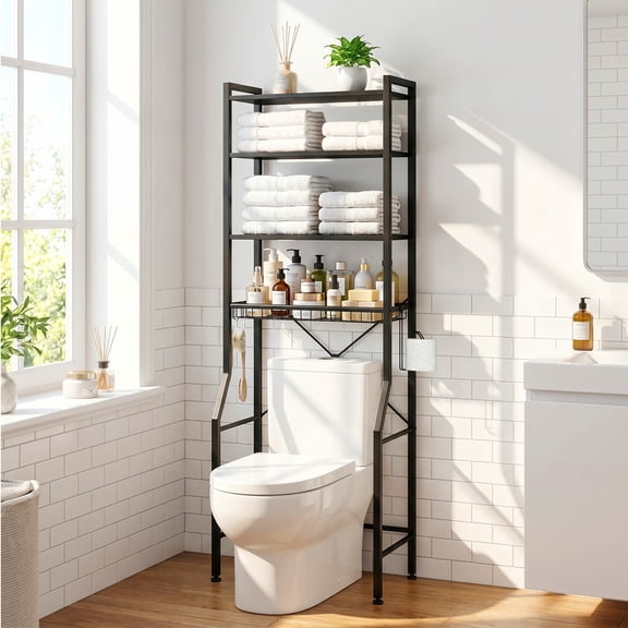 Simenmax Over-The-Toilet Storage Rack, 4-Tier Bathroom Organizer with Adjustable Shelves, Space-Saver Shelf Unit with Paper Holder & Hooks,Black