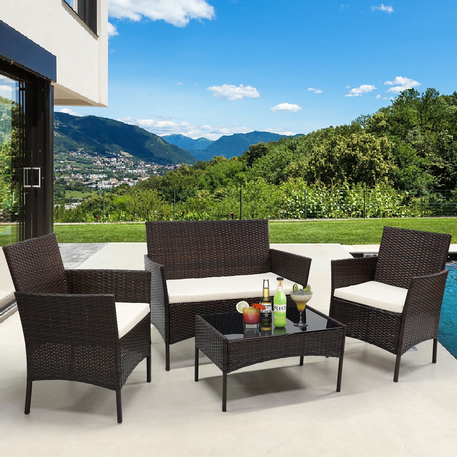 Simenmax Patio Furniture Set 4 Pieces, Outdoor Wicker Furniture with Coffee Table, Modern Rattan Patio Chairs Conversation Sets with Sofa for Garden, Terrace, Porch, Balconies, Lawns,Black