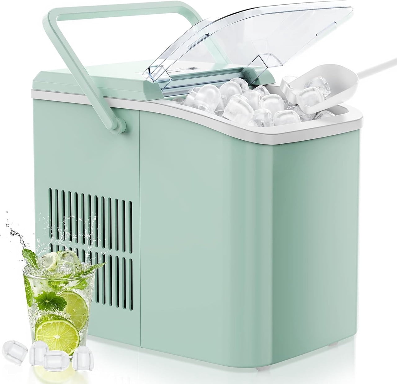 Simenmax Portable Ice Maker, Countertop Ice Machine with Handle & Basket, Compact for Home, RV, Camping, Parties – Green