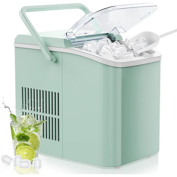 Simenmax Portable Ice Maker, Countertop Ice Machine with Handle & Basket, Compact for Home, RV, Camping, Parties – Green