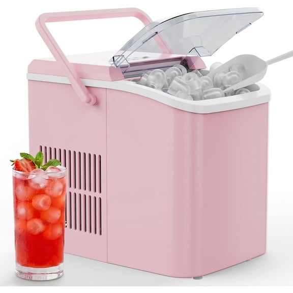 Simenmax Portable Ice Maker, Countertop Ice Machine with Handle & Basket, Compact for Home, RV, Camping, Parties – Pink