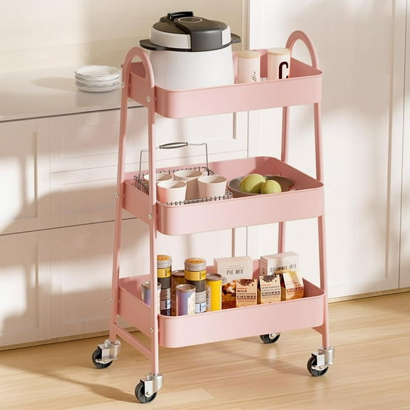 Simenmax Rolling Utility Cart, 3-Tier Metal Storage Trolley with Handle and Lockable Wheels, Multifunctional Organizer for Office, Kitchen, Living Room, Bathroom,Pink