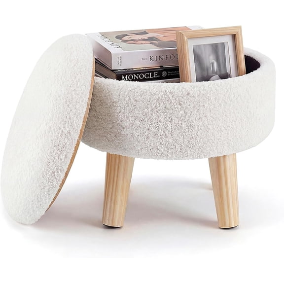 Simenmax Round Storage Ottoman, 13" Compact Boucle Foot Rest Stool with Hidden Storage & Padded Seat for Living Room, Bedroom, Beige