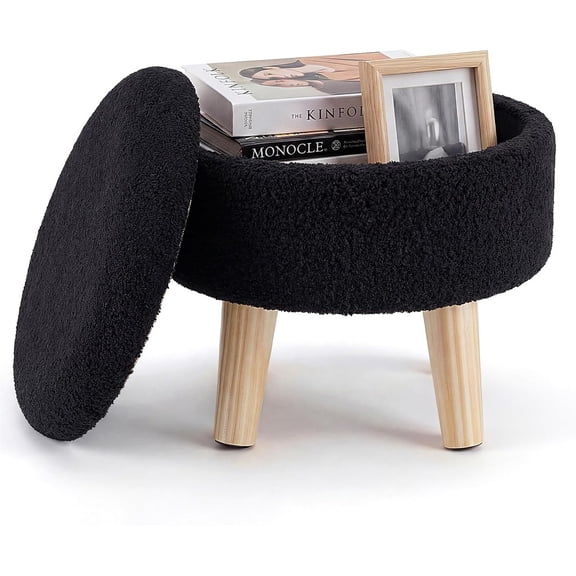 Simenmax Round Storage Ottoman, 13" Compact Boucle Foot Rest Stool with Hidden Storage & Padded Seat for Living Room, Bedroom, Black