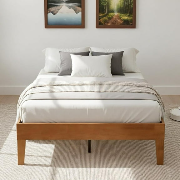 Simenmax Solid Wood Bed Frame, Queen Size Platform Bed, Noise-Free, No Box Spring Needed, Dark Brown