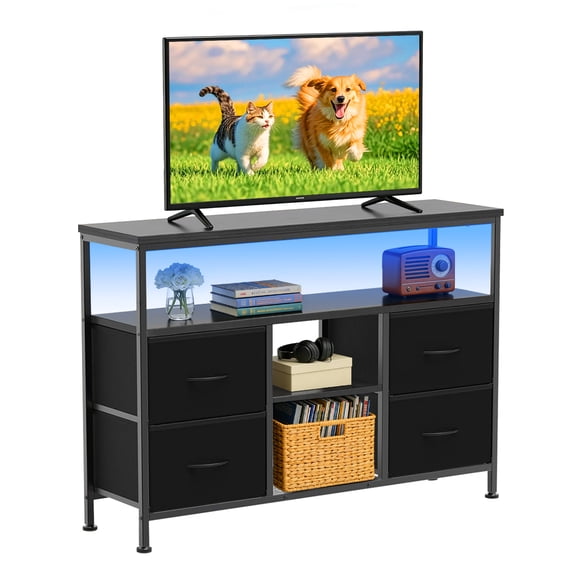 Simenmax TV Stand Dresser, Smart LED TV Stand with Charging Station, 4-Drawer Media Console for Living Room & Bedroom, Fits 50 Inch TV, Adjustable Feet, Black