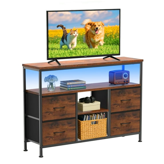 Simenmax TV Stand Dresser, Smart LED TV Stand with Charging Station, 4-Drawer Media Console for Living Room & Bedroom, Fits 50 Inch TV, Adjustable Feet, Brown