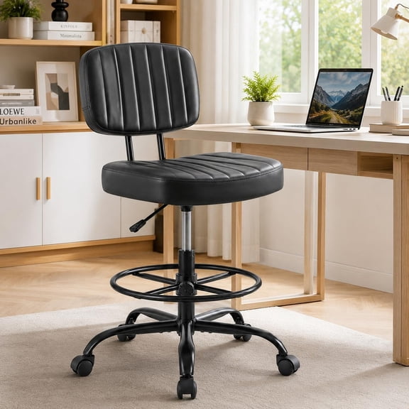 Simenmax Tall Office Chair, Low Back Drafting Chair PU Leather Standing Desk Chair with Footrest Ring, Swivel Rolling Stool for Studio, Lab, Counter, Small Spaces, Black