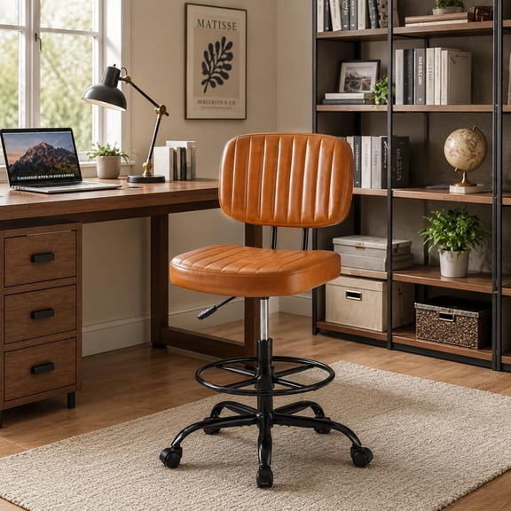 Simenmax Tall Office Chair, Low Back Drafting Chair PU Leather Standing Desk Chair with Footrest Ring, Swivel Rolling Stool for Studio, Lab, Counter, Small Spaces, Brown