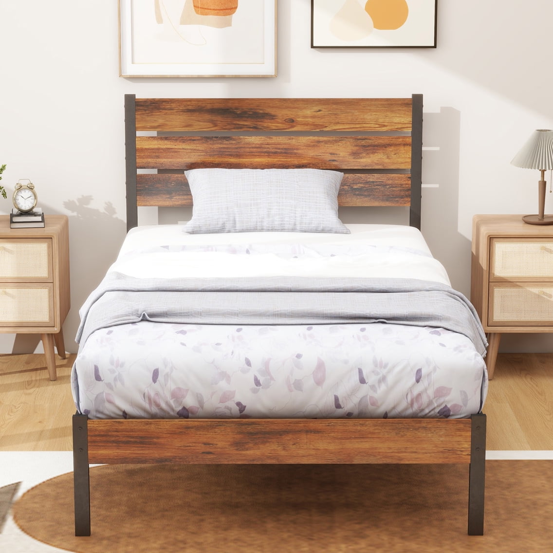 Simenmax Twin Size Bed Frame with Headboard, Mattress Foundation with All Sturdy Metal Support, Under Bed Storage, No Box Spring Needed, Rust Brown