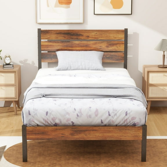 Simenmax Twin Size Bed Frame with Headboard, Mattress Foundation with All Sturdy Metal Support, Under Bed Storage, No Box Spring Needed, Rust Brown