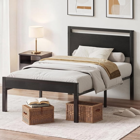 Simenmax Twin Metal Bed Frame with Wooden Headboard, 14” Under-Bed Storage, Heavy-Duty Platform Slats, No Box Spring Needed, Black Rustic
