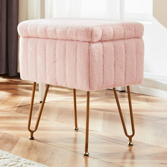 Simenmax Vanity Stool Chair with Storage, Ottoman Faux Fur Soft Padded Makeup Footstools Seat with 4 Metal Legs Anti-Slip Adjustable Feet Modern Cute Small Footrest for Home Entryway Bedroom,Pink