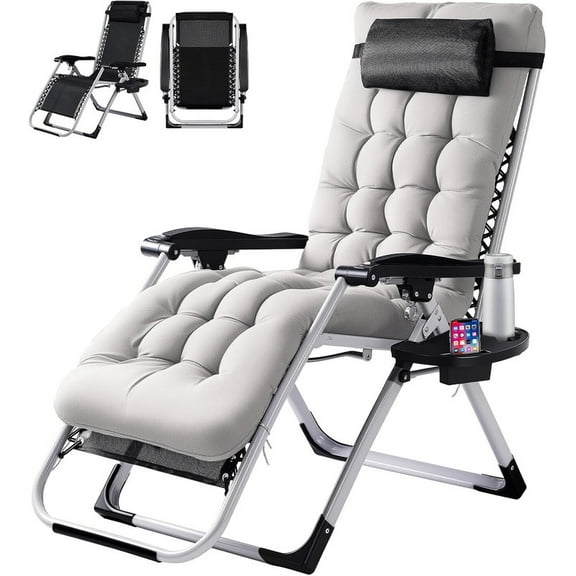 Simenmax Zero Gravity Chair, Heavy-Duty Reclining Lounge Chair with Padded Cushion & Cup Holder, Foldable Patio Recliner for Camping, Beach, and Indoor Relaxation,Gray