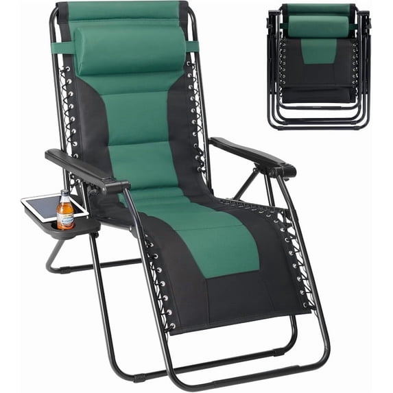 Simenmax Zero Gravity Chairs, 400 lbs Heavy Duty Foldable Patio Recliner with Adjustable Pillow & Cup Holder, Oversized Outdoor Lounge Chair for Backyard Camping Lawn, Black-Green